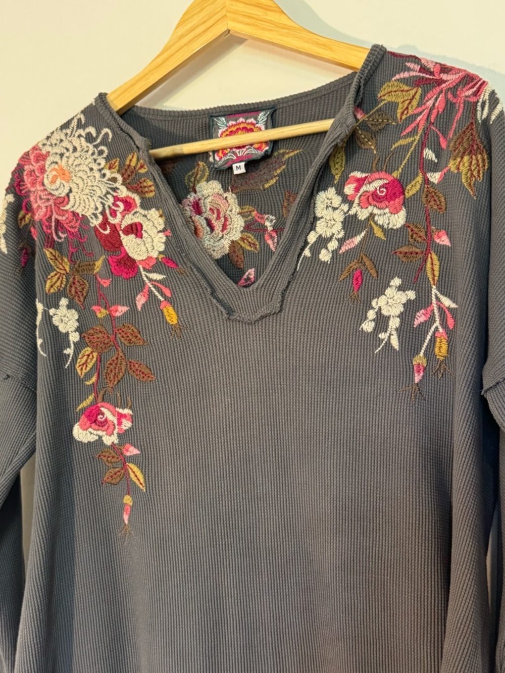 Johnny Was Gray Ribbed Top with Pink & Gold Floral Embroidery - Picture 8 of 8